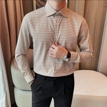 Осенне-зимняя классическая мужская рубашка в клетку, повседневные деловые рубашки с длинным рукавом, Тонкая офисная светская рубашка, мужская одежда