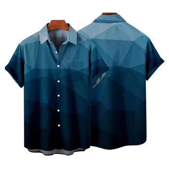 Мужская рубашка с коротким рукавом и лацканами, простая рубашка в 18 полос, женская блузка с 3D принтом и карманом на пуговицах
