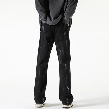 Черно-белые повседневные джинсы Мужские прямые, приталенные, длинные классические джинсовые брюки струйного дизайна, джинсы высокой уличной моды, размер M-5XL