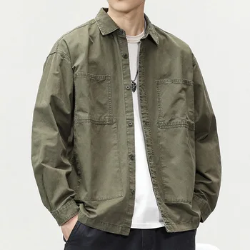 Мужская весенне-осенняя новая японская винтажная однотонная рубашка-карго, свободная хлопковая повседневная рубашка, пальто