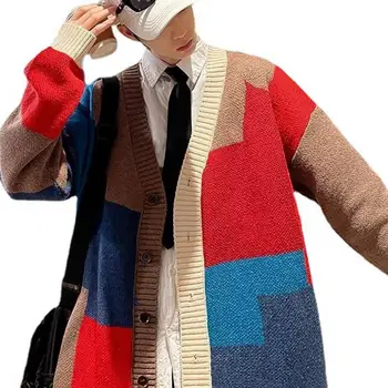 Мужская вязаная куртка, Стильный мужской Вязаный свитер с Цветными Блоками, пальто, Теплый Кардиган Средней длины с V-образным вырезом на Осень-Зиму, Модная Пуговица