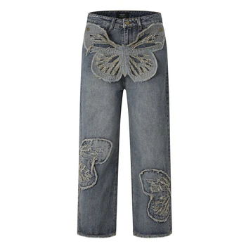 Вышивка бабочкой, широкие джинсы Y2K, открывающие штанины, мужские и женские джинсы высокого качества в стиле хип-хоп 90-х Вышивка бабочкой, широкие джинсы Y2K, открывающие штанины, мужские и женские джинсы высокого качества в стиле хип-хоп 90-х 0