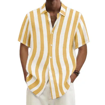Мужская простая повседневная рубашка в полоску желтого цвета Мужская простая повседневная рубашка в полоску желтого цвета 0