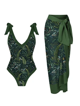 Темный модный винтажный купальник Mystery Leaf для пляжного отдыха с V-образным вырезом, элегантный женский цельный купальник и длинная накидка на шнуровке