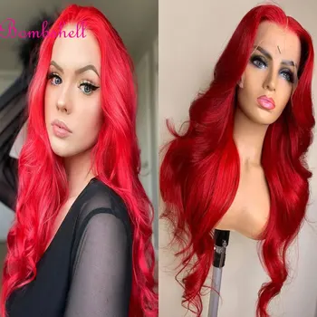 Потрясающие Ярко-огненно-красные парики из натуральных волнистых синтетических волос на кружеве 13X4 без клея из высококачественных термостойких волокон для женщин