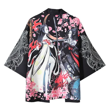 Кимоно в стиле харадзюку с принтом Для мужчин и женщин, Летняя верхняя одежда из тонкого материала Черного и белого цвета