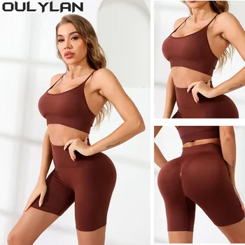 Комплект шорт Oulylan, облегающий женский спортивный костюм, комплект для йоги, велоспорт, Эластичная короткая накладка на грудь, Съемный бюстгальтер, женская одежда