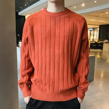 Модный однотонный вязаный повседневный свитер с круглым вырезом, мужская одежда 2023, зимние новые универсальные пуловеры, Свободные корейские топы