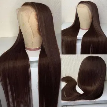 Потрясающие синтетические парики на кружеве спереди, темно-коричневые прямые волосы из термостойкого волокна, натуральная линия роста волос, свободная часть для чернокожих женщин, парик