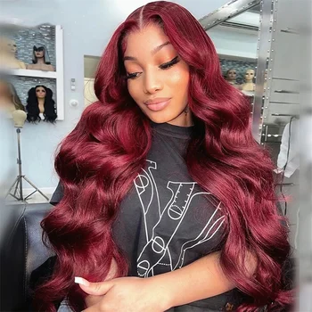 30-дюймовый парик из человеческих волос с объемной волной 99j бордового цвета, цветные парики из бесклеевых волос для женщин, красный парик с кружевной фронтальной частью 13x4 Hd