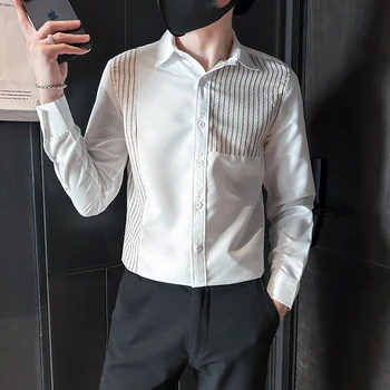 Мужские весенние высококачественные рубашки с длинным рукавом /мужские облегающие модные деловые рубашки с лацканами в тон, большие размеры 3XL-M Мужские весенние высококачественные рубашки с длинным рукавом /мужские облегающие модные деловые рубашки с лацканами в тон, большие размеры 3XL-M 1