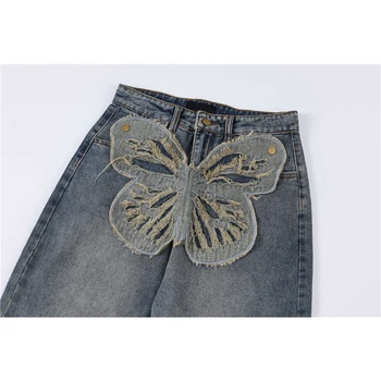 Вышивка бабочкой, широкие джинсы Y2K, открывающие штанины, мужские и женские джинсы высокого качества в стиле хип-хоп 90-х Вышивка бабочкой, широкие джинсы Y2K, открывающие штанины, мужские и женские джинсы высокого качества в стиле хип-хоп 90-х 2