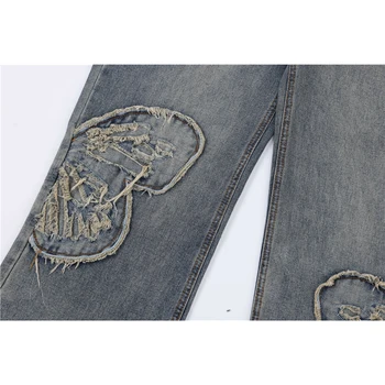 Вышивка бабочкой, широкие джинсы Y2K, открывающие штанины, мужские и женские джинсы высокого качества в стиле хип-хоп 90-х Вышивка бабочкой, широкие джинсы Y2K, открывающие штанины, мужские и женские джинсы высокого качества в стиле хип-хоп 90-х 3